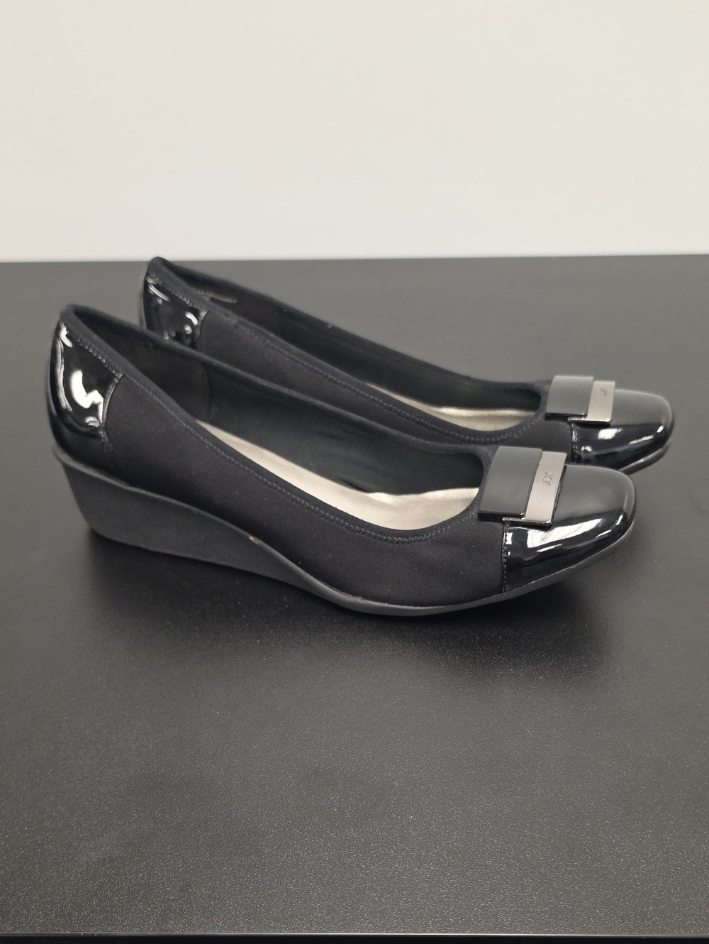 AK Sport Black Women's Wedge Ballet Wedges with Patent Toe Accent